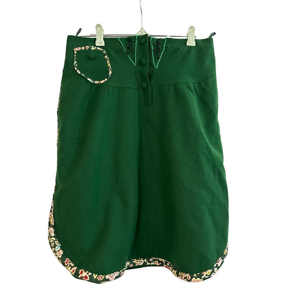 Vintage Fiorucci Green Wool Skirt Floral Trim Pockets Italian Size 44 Rare
